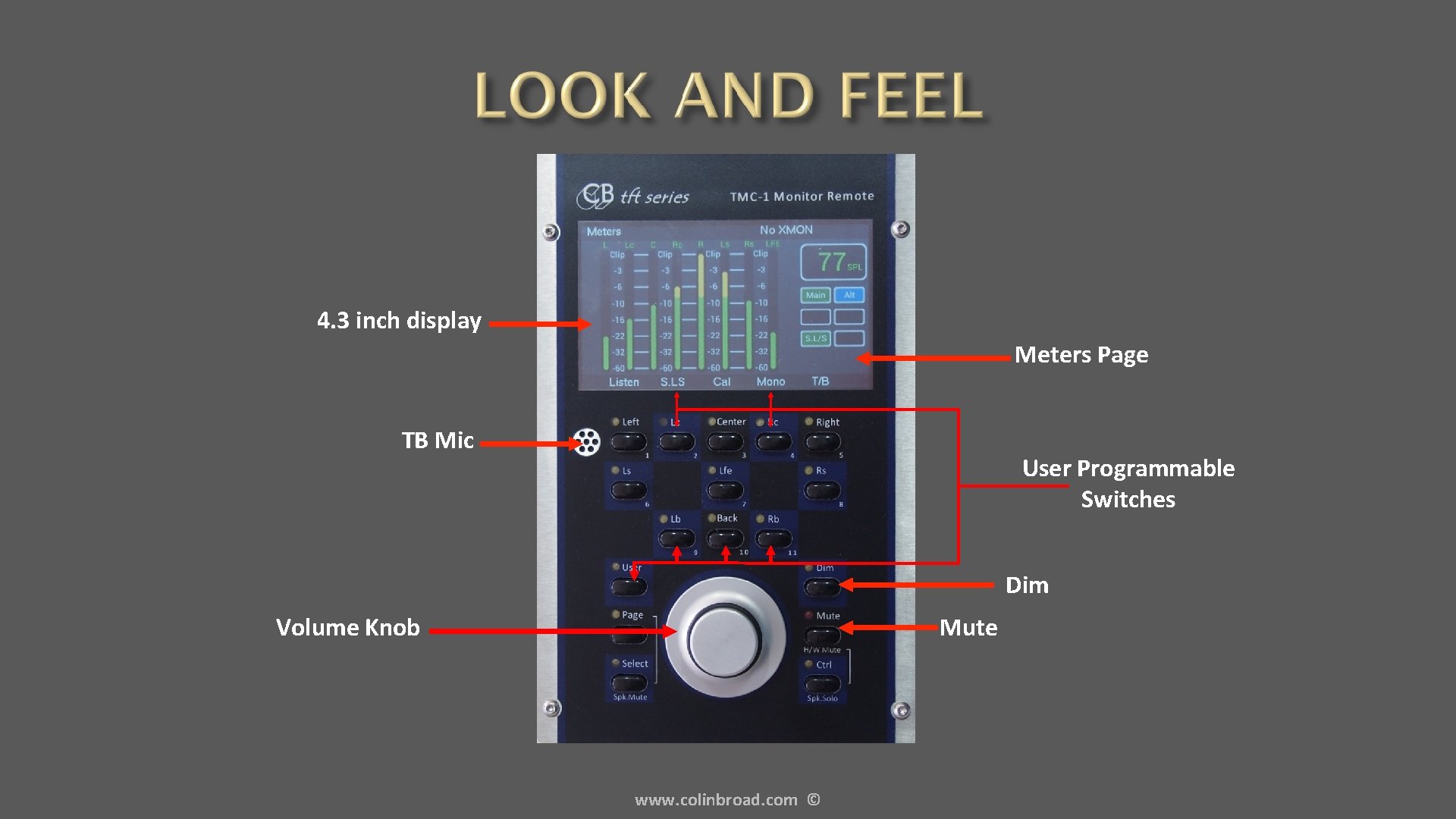 4. 3 inch display Meters Page TB Mic User Programmable Switches Dim Volume Knob