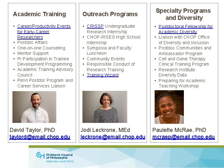 Specialty Programs and Diversity Academic Training Outreach Programs • Career/Productivity Events for Early-Career Researchers