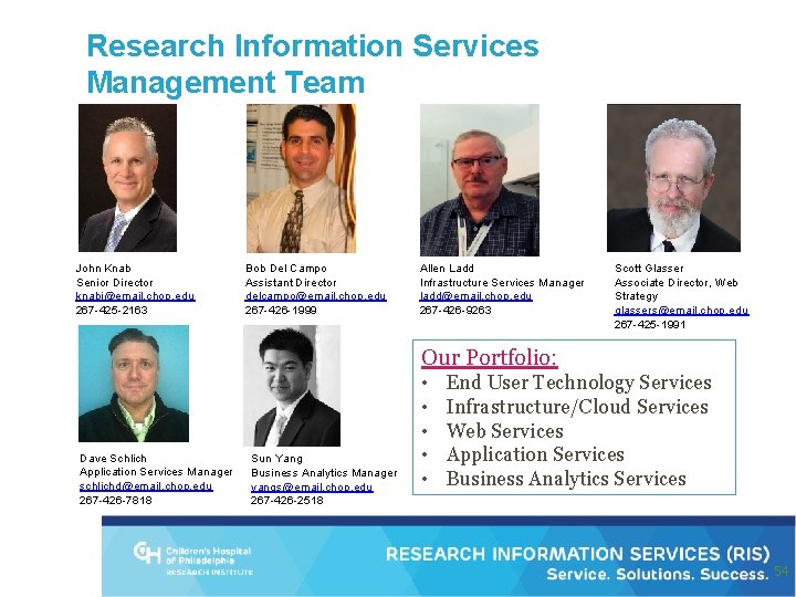 Research Information Services Management Team John Knab Senior Director knabj@email. chop. edu 267 -425