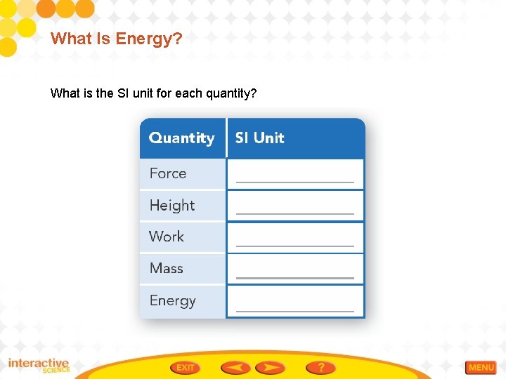 What Is Energy? What is the SI unit for each quantity? 