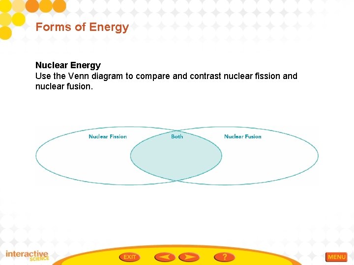 Forms of Energy Nuclear Energy Use the Venn diagram to compare and contrast nuclear