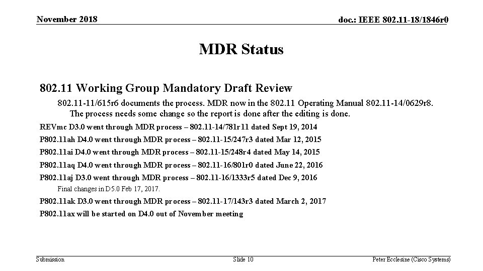 November 2018 doc. : IEEE 802. 11 -18/1846 r 0 MDR Status 802. 11