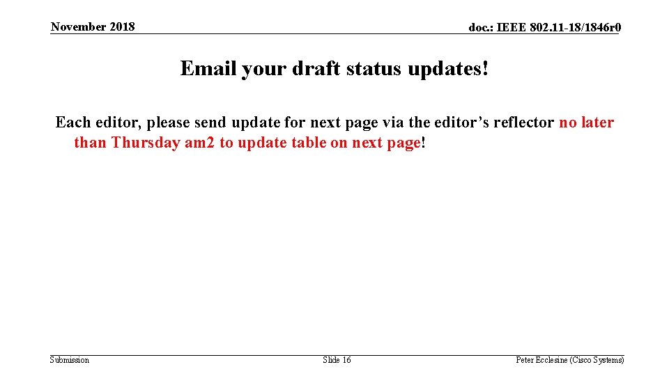 November 2018 doc. : IEEE 802. 11 -18/1846 r 0 Email your draft status