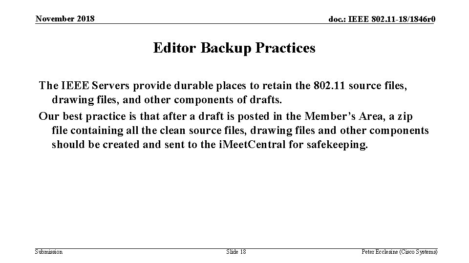 November 2018 doc. : IEEE 802. 11 -18/1846 r 0 Editor Backup Practices The