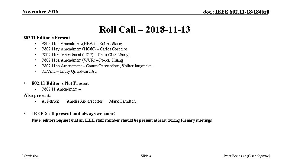 November 2018 doc. : IEEE 802. 11 -18/1846 r 0 Roll Call – 2018