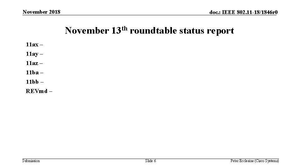 November 2018 doc. : IEEE 802. 11 -18/1846 r 0 November 13 th roundtable