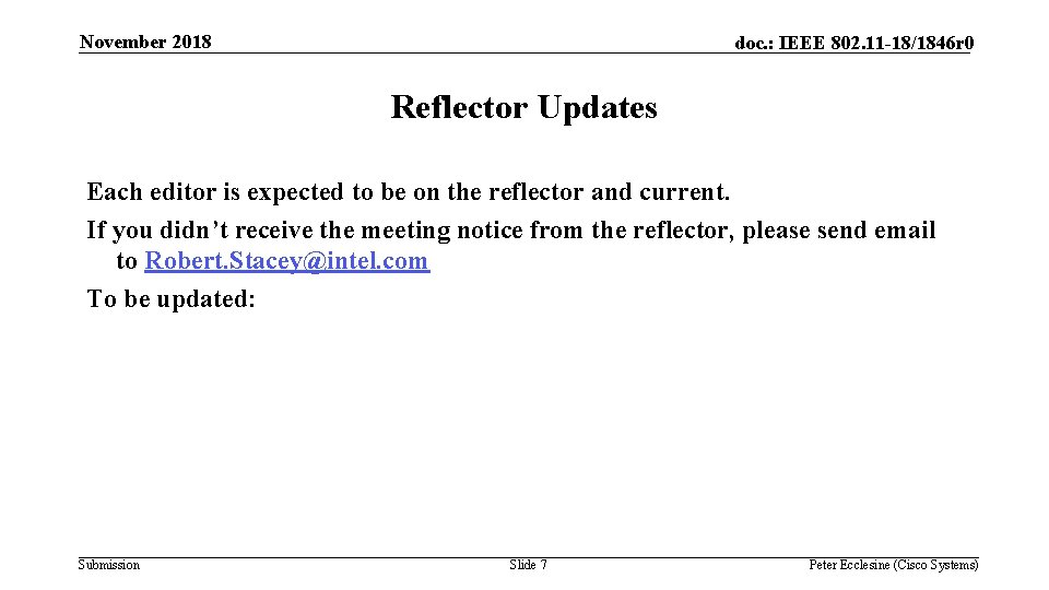 November 2018 doc. : IEEE 802. 11 -18/1846 r 0 Reflector Updates Each editor