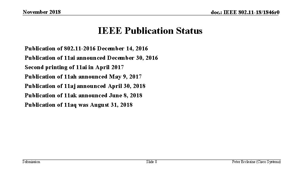 November 2018 doc. : IEEE 802. 11 -18/1846 r 0 IEEE Publication Status Publication