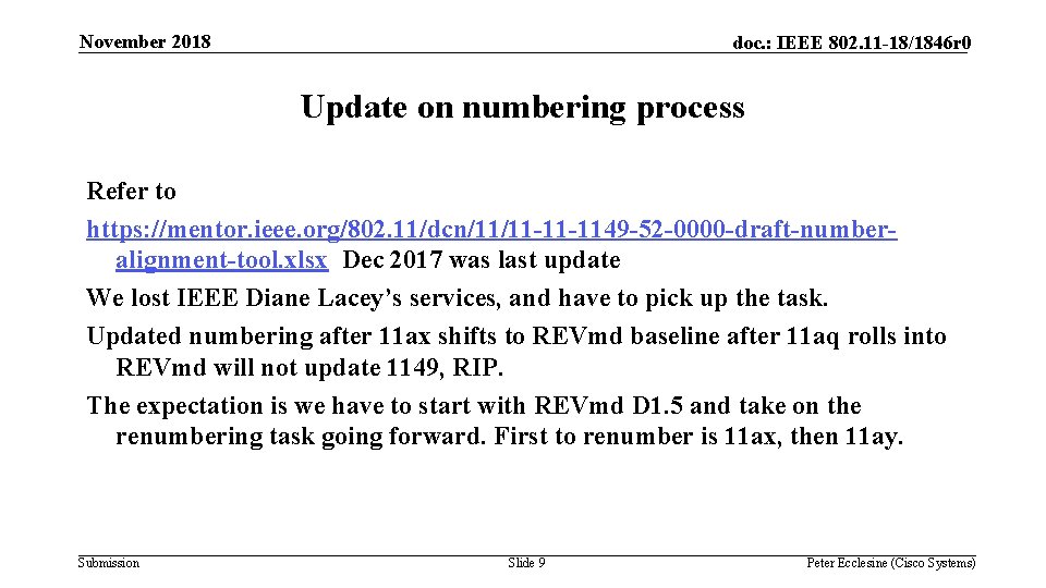 November 2018 doc. : IEEE 802. 11 -18/1846 r 0 Update on numbering process