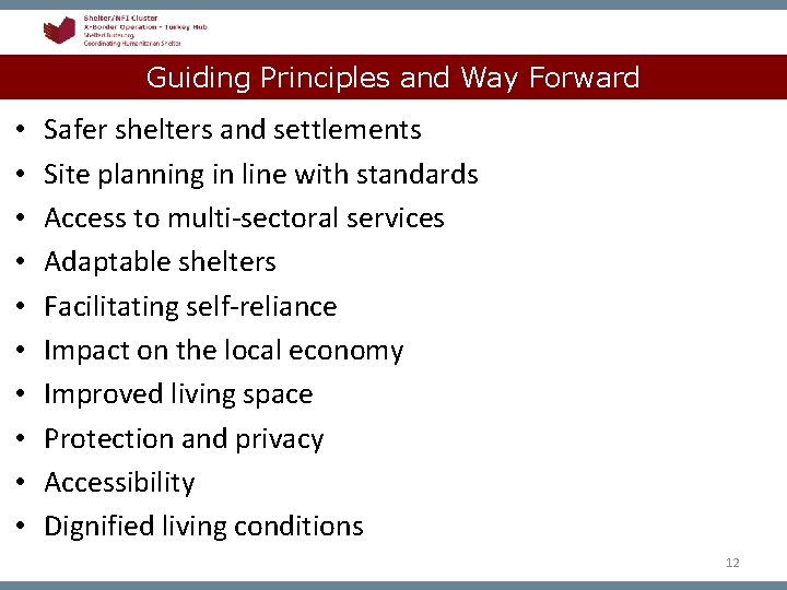 Guiding Principles and Way Forward • • • Safer shelters and settlements Site planning