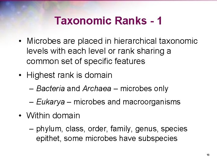 Taxonomic Ranks - 1 • Microbes are placed in hierarchical taxonomic levels with each