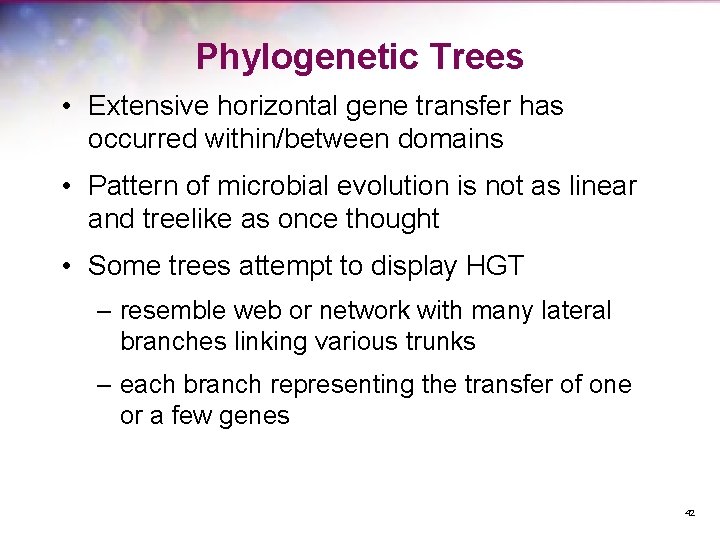 Phylogenetic Trees • Extensive horizontal gene transfer has occurred within/between domains • Pattern of