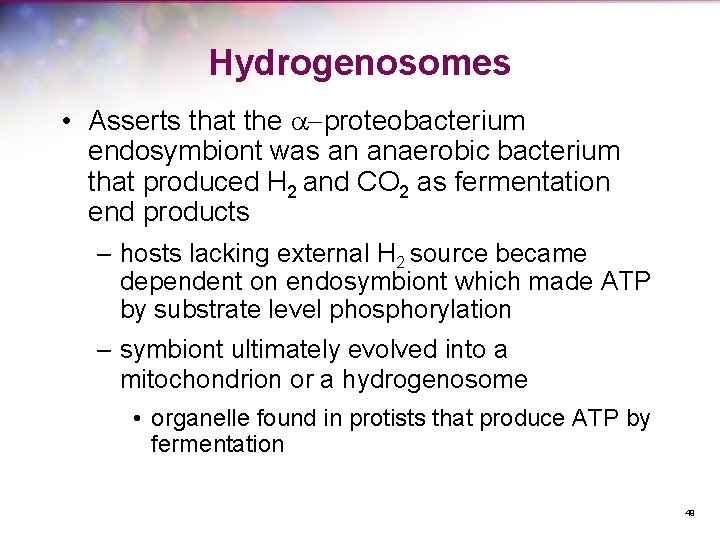 Hydrogenosomes • Asserts that the a-proteobacterium endosymbiont was an anaerobic bacterium that produced H