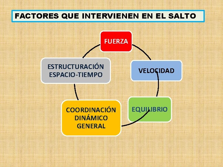 FACTORES QUE INTERVIENEN EN EL SALTO FUERZA ESTRUCTURACIÓN ESPACIO-TIEMPO COORDINACIÓN DINÁMICO GENERAL VELOCIDAD EQUILIBRIO