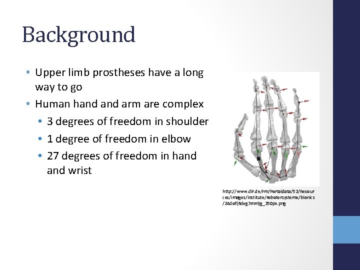 Background • Upper limb prostheses have a long way to go • Human hand