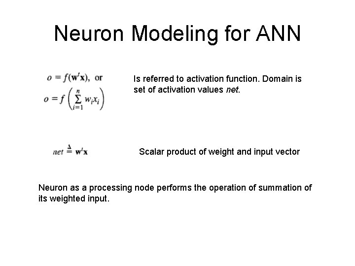 Neuron Modeling for ANN Is referred to activation function. Domain is set of activation Neuron Modeling for ANN Is referred to activation function. Domain is set of activation