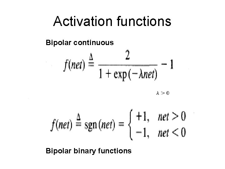 Activation functions Bipolar continuous Bipolar binary functions Activation functions Bipolar continuous Bipolar binary functions
