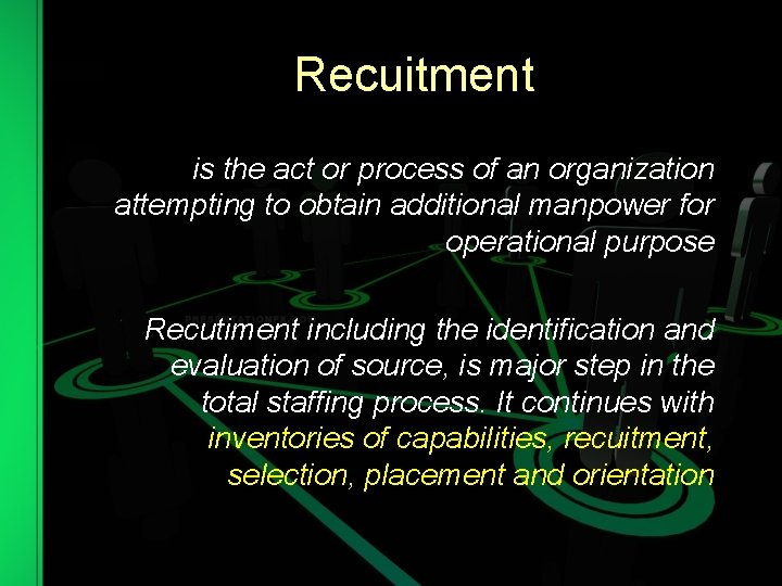 Recuitment is the act or process of an organization attempting to obtain additional manpower