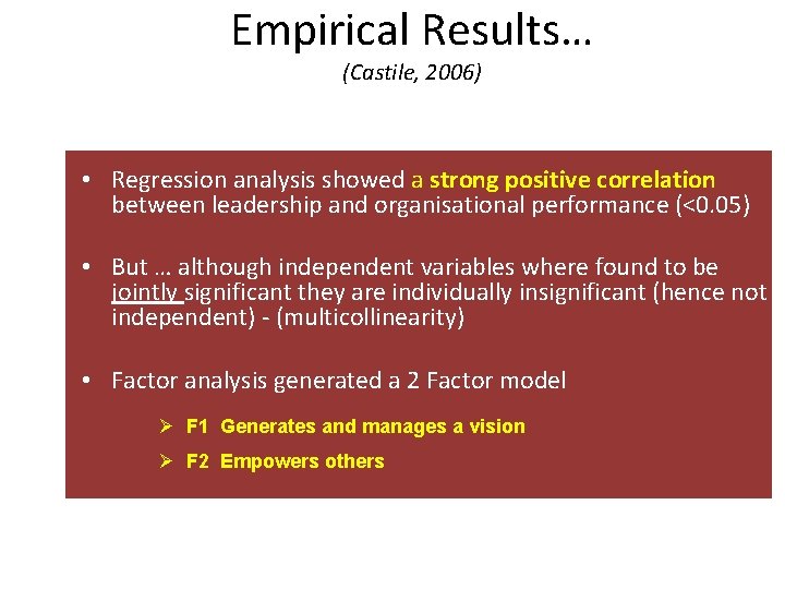 Empirical Results… (Castile, 2006) • Regression analysis showed a strong positive correlation between leadership