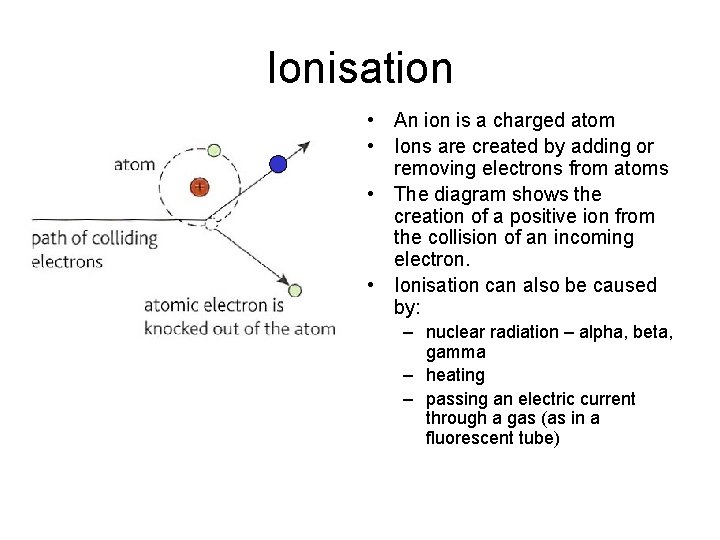 Ionisation incoming electron • An ion is a charged atom • Ions are created