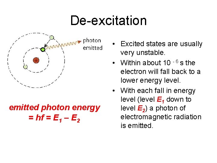 De-excitation emitted photon energy = hf = E 1 – E 2 • Excited