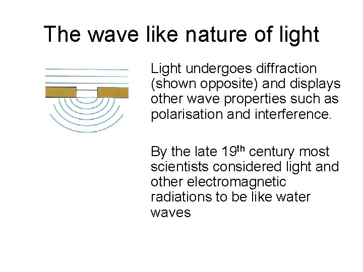 The wave like nature of light Light undergoes diffraction (shown opposite) and displays other