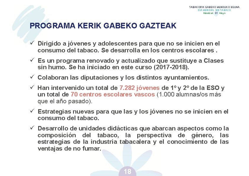 TABAKORIK GABEKO MUNDUKO EGUNA DÍA MUNDIAL SIN TABACO Maiatzak 31 Mayo PROGRAMA KERIK GABEKO