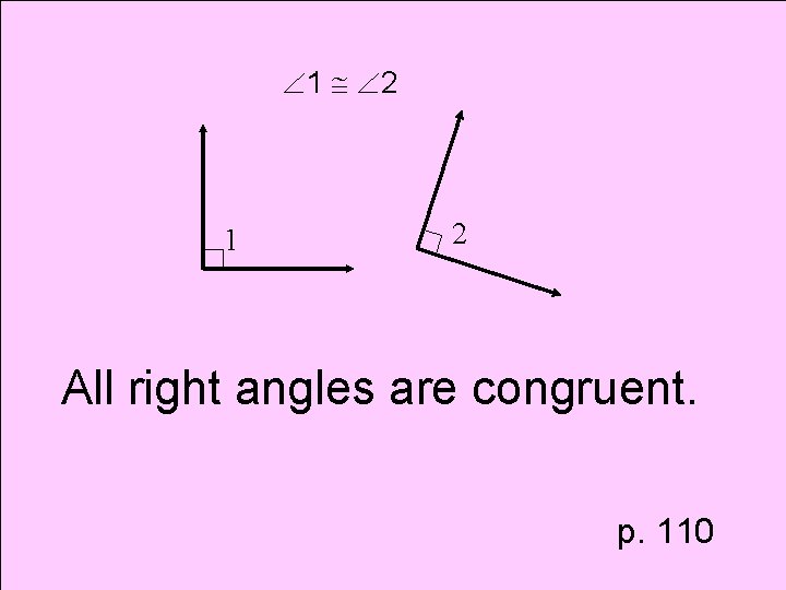  1 2 1 2 All right angles are congruent. p. 110 