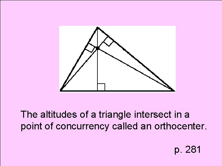The altitudes of a triangle intersect in a point of concurrency called an orthocenter.