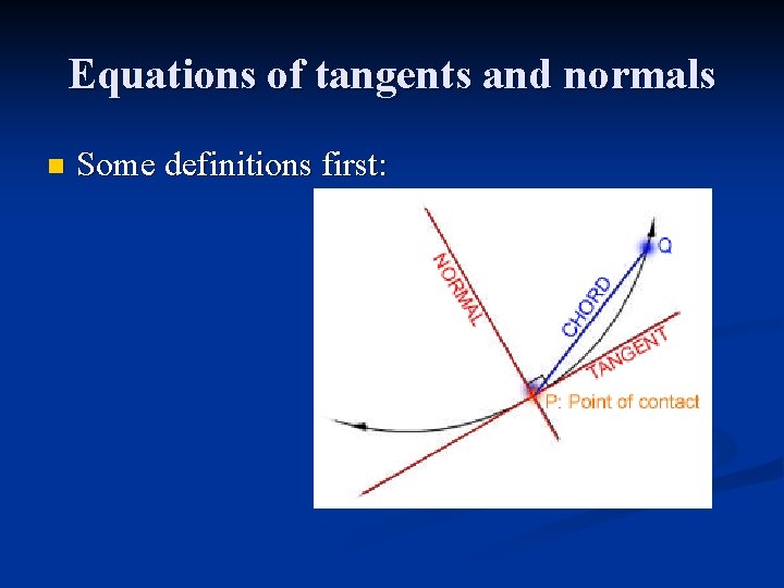 Equations of tangents and normals n Some definitions first: 