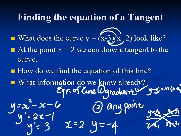 Finding the equation of a Tangent What does the curve y = (x-3)(x+2) look