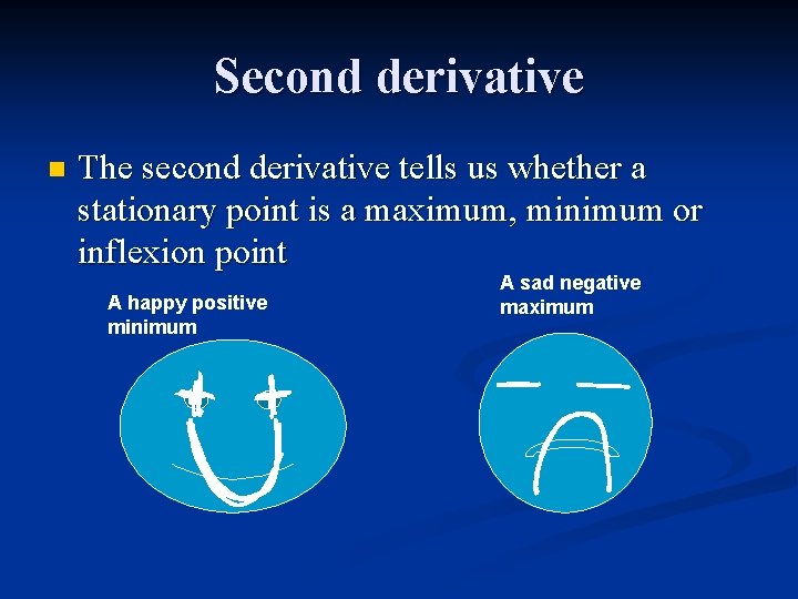 Second derivative n The second derivative tells us whether a stationary point is a