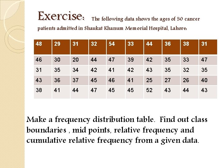 Exercise: The following data shows the ages of 50 cancer 48 29 31 32