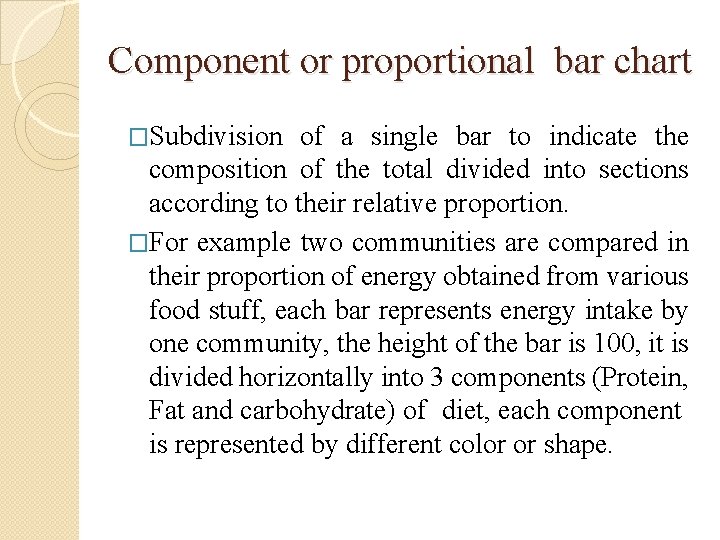Component or proportional bar chart �Subdivision of a single bar to indicate the composition