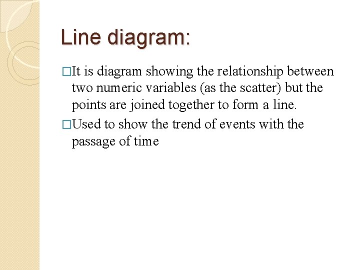 Line diagram: �It is diagram showing the relationship between two numeric variables (as the