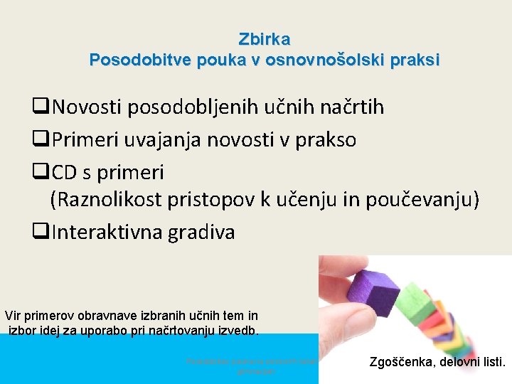 Zbirka Posodobitve pouka v osnovnošolski praksi q. Novosti posodobljenih učnih načrtih q. Primeri uvajanja