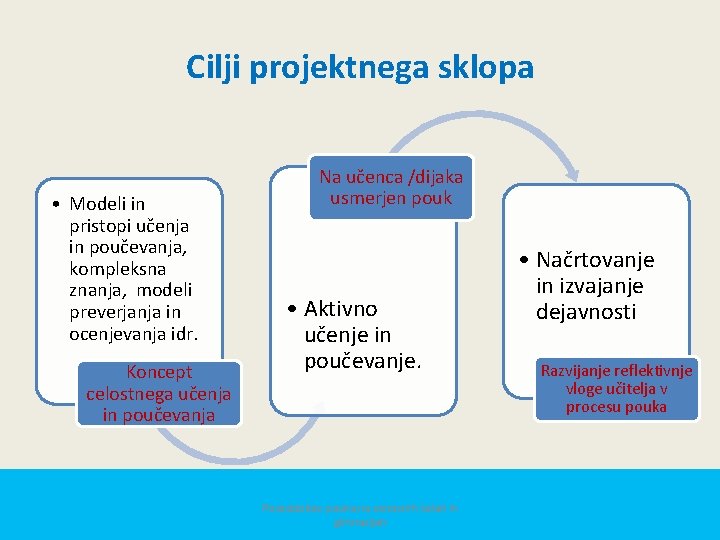 Cilji projektnega sklopa • Modeli in pristopi učenja in poučevanja, kompleksna znanja, modeli preverjanja