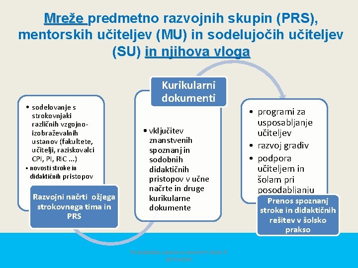 Mreže predmetno razvojnih skupin (PRS), mentorskih učiteljev (MU) in sodelujočih učiteljev (SU) in njihova