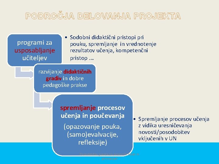 PODROČJA DELOVANJA PROJEKTA programi za usposabljanje učiteljev • Sodobni didaktični pristopi pri pouku, spremljanje