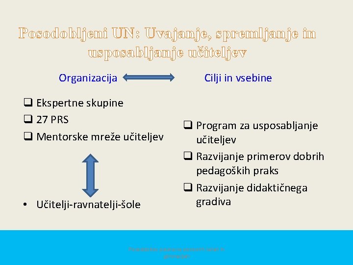 Posodobljeni UN: Uvajanje, spremljanje in usposabljanje učiteljev Organizacija Cilji in vsebine q Ekspertne skupine