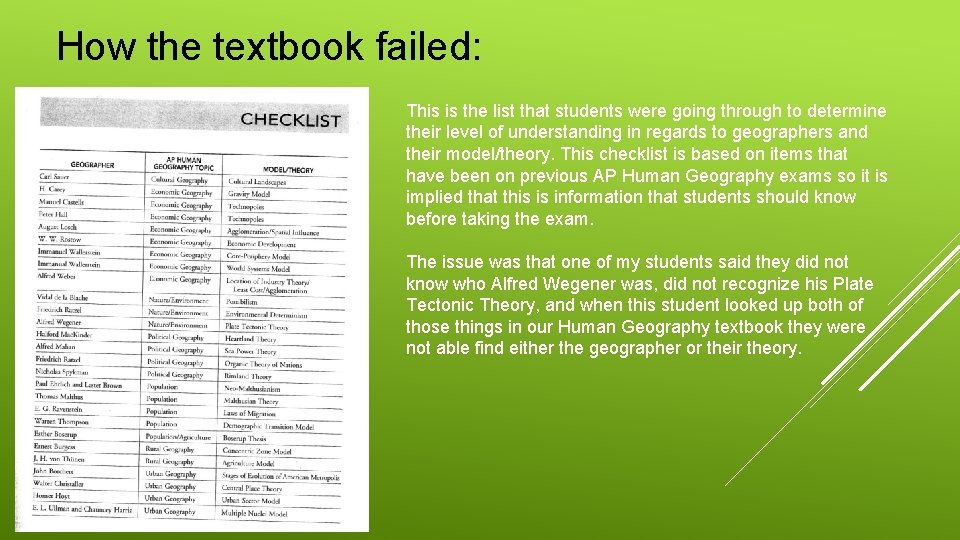 How the textbook failed: This is the list that students were going through to