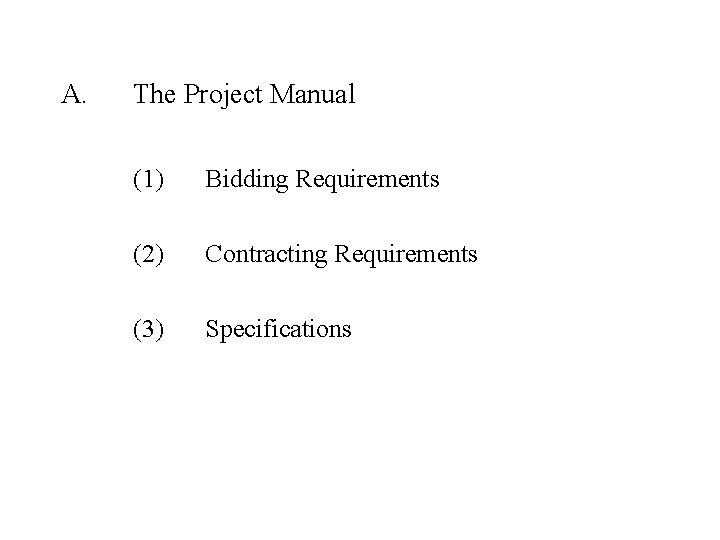 A. The Project Manual (1) Bidding Requirements (2) Contracting Requirements (3) Specifications 