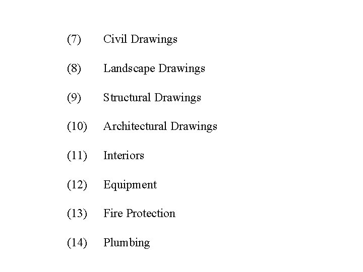 (7) Civil Drawings (8) Landscape Drawings (9) Structural Drawings (10) Architectural Drawings (11) Interiors