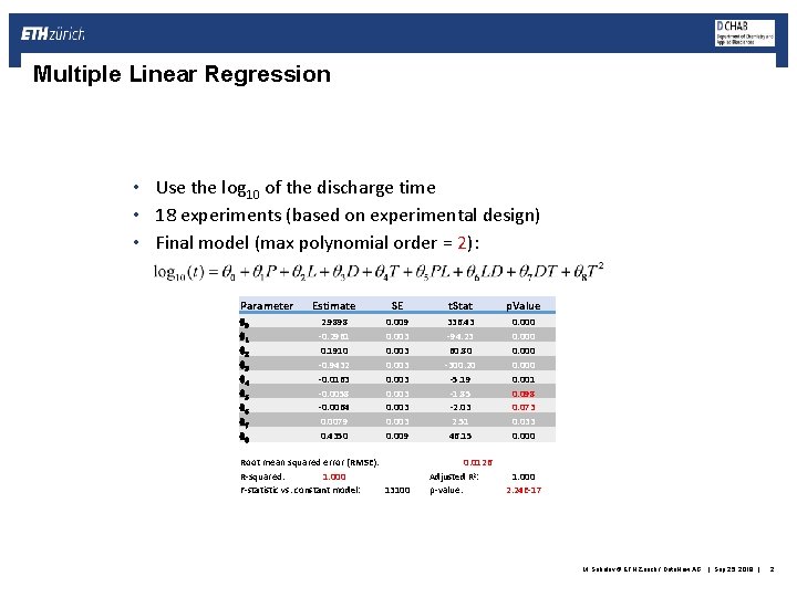 Multiple Linear Regression • Use the log 10 of the discharge time • 18