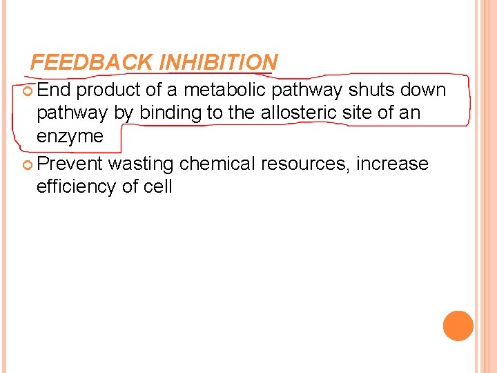 FEEDBACK INHIBITION End product of a metabolic pathway shuts down pathway by binding to