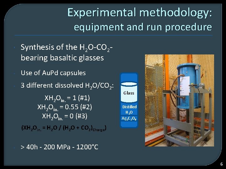 Experimental methodology: equipment and run procedure Synthesis of the H 2 O-CO 2 bearing