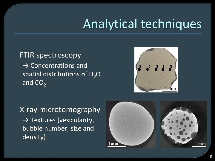 Analytical techniques FTIR spectroscopy → Concentrations and spatial distributions of H 2 O and