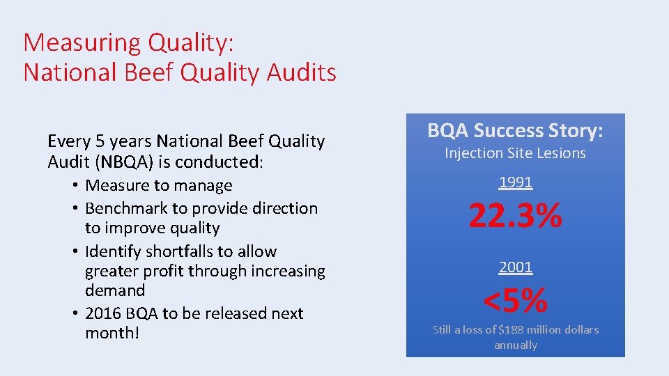 Measuring Quality: National Beef Quality Audits Every 5 years National Beef Quality Audit (NBQA)