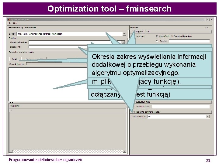 Optimization tool – fminsearch on - wyświetla błąd, gdy funkcja celu Informacja graficzna o