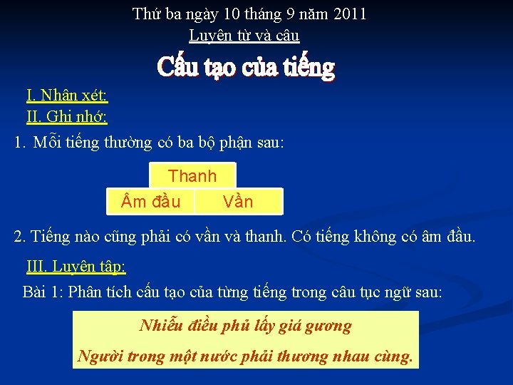 Thứ ba ngày 10 tháng 9 năm 2011 Luyện từ và câu I. Nhận